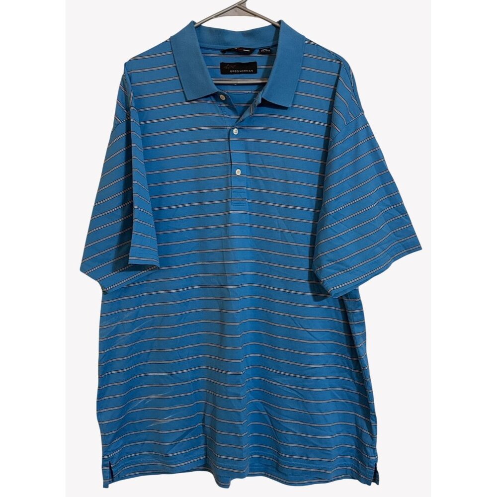 Greg Norman Polo Shirt Mens XXL Blue Pinstripe Shark Tag‎ Golf Casual